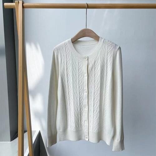 Cosmicchic 2021 Autumn Women Long Sleeve Wool Cardigan Jacquard O-Neck Single Breasted White / Black Sweater Cardigan