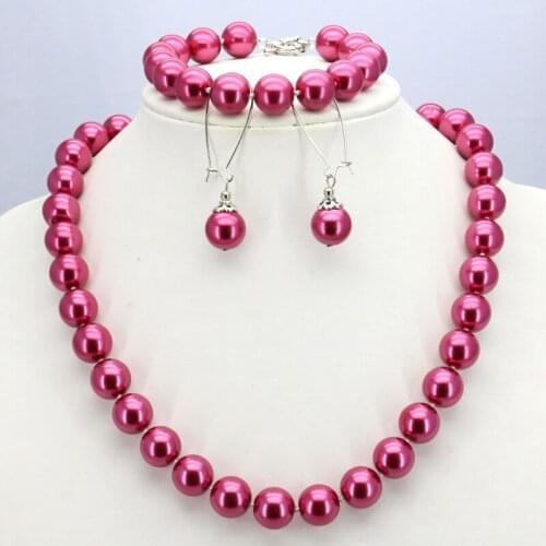 Rose red glass pearl necklace set 12mm necklace 18"bracelet 7.5" earring women hot sale jewelry making design