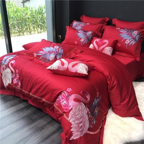 New Luxury Red Swan 100S Egyptian cotton Embroidery Bedding sets Queen King Royal Duvet cover Bed sheet set Pillowcases 4/6pcs