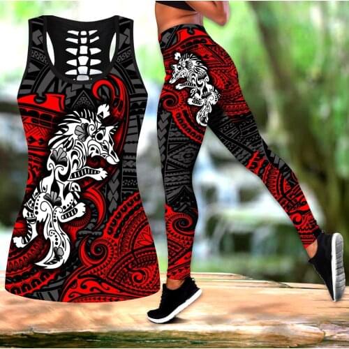 Polynesian Wolf Tattoo 3D Printed Hollow Tank Top & Leggings Set Fitness Female Full Length Leggings Running Pants DDK47