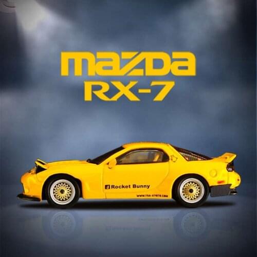 Diecast 1/64 Scale Mazda RX-7 Yellow PANDEM Wide Body Modified Alloy Model Car Static Display Adult Collection Boy Toy Gift