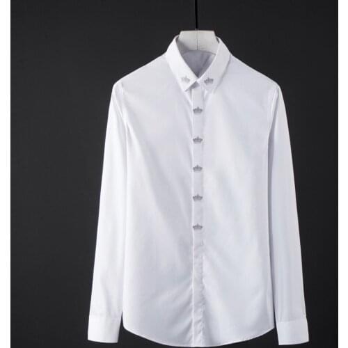 New Mens Shirts Luxury Crown Sequin Long Sleeve Mens Dress Shirts Camisa Masculina White Black Mens Shirts Casual Slim Fit M-4XL