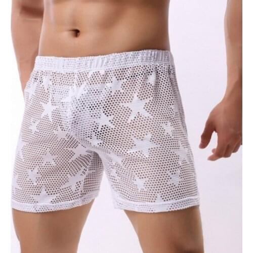 Mens See Through Mesh Shorts sleeping transparent pants Home Casual Pajamas Underpants Sexy Sleepwear Star Print Breathable Net