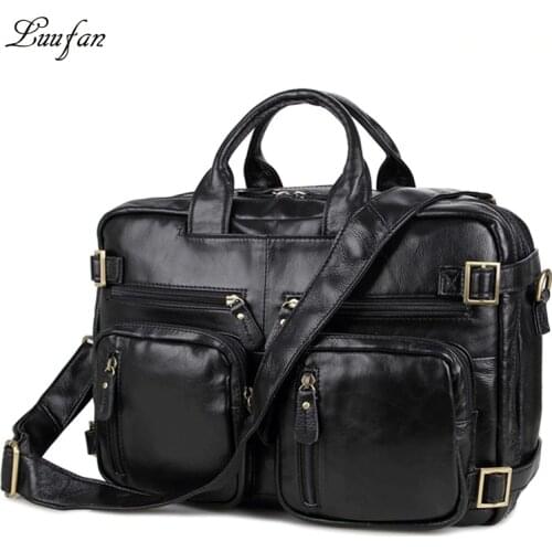Men large capacity genuine leather briefcase 3 Use real leather daypack double PC pocket Black cowhide laptop handbag for man