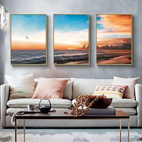 Sunset Beach Wall Art Canvas Paintings Coastal Wavas Poster and Prints Modern Living Room Bedroom Seascape Pictures Home Decor