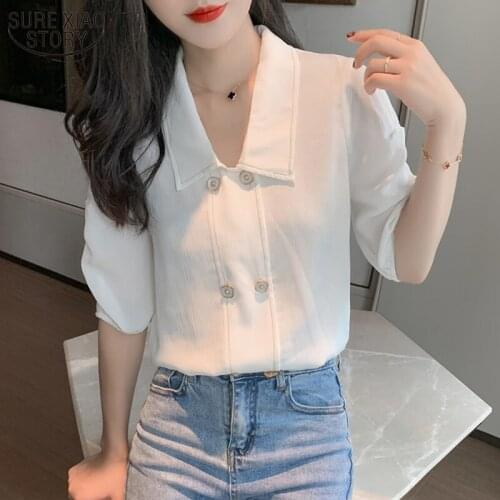 Solid Short Sleeve Women Tops Blouse 2021 Summer Simple Chiffon Blouse White Elegant Shirt Puff Sleeve Office Lady Clothing10290