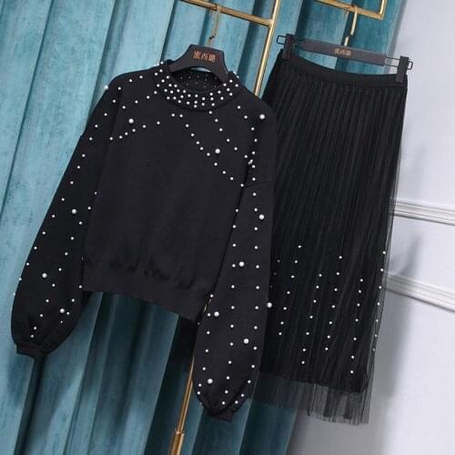 2021 Autumn Winter Sweaters Skirts Suits Beading Knitted Pullover Tops +Mesh Skirts Sets Clothing Set Y316