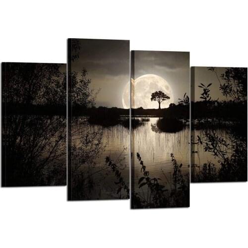 4 Pieces Canvas Prints Wall Art Big Moon Over Lake in Dark Forest Modern Canvas Painting Landscape Picture Drop shipping