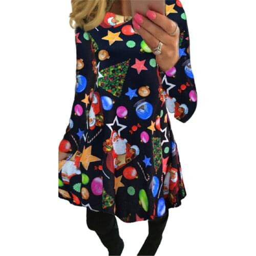 Winter Christmas Dresses Women 50S 60S Vintage Robe Party Dress Long Sleeve Casual Tree Snowman Print Mini Dress Plus Size 5XL