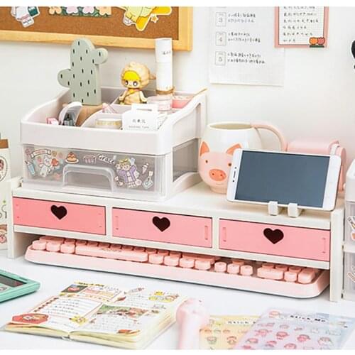 Monitor Laptop Stand Monitor Support Computer Stand PVC Wood Monitor Riser Desktop Shelf 2/3 Drawers Screen Riser Holder Pink