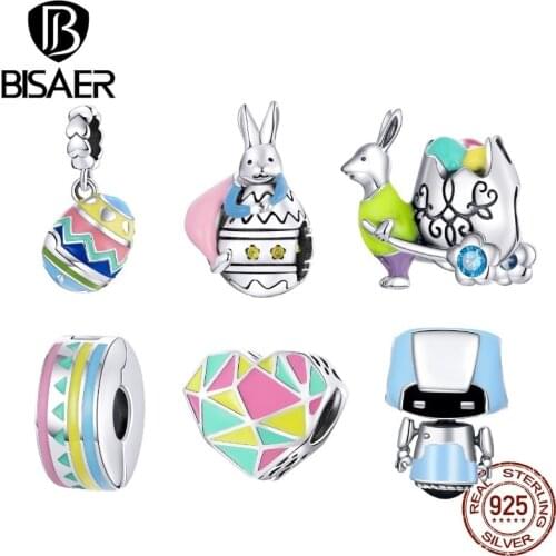 BISAER Charms 925 Sterling Silver Lucky Eggs Rabbit Robot Pendant Beads for Bracelet Necklaces DIY Jewelry ECC1753