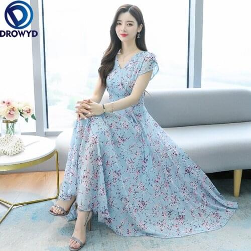 Plus Size Print Beach Maxi Sundress 2021 Floral Chiffon Boho Midi Dress Summer Vintage Elegant Women Bodycon Blue Party Vestidos