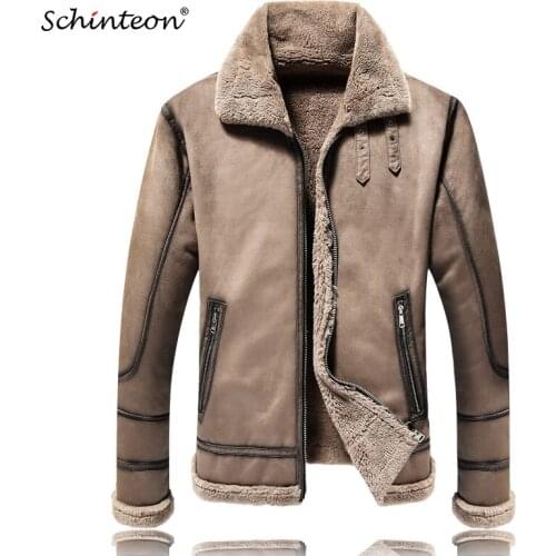 Schinteon New Men Suede Leather Jacket Winter Warm Outwear Faux Fur Turn-down Collar Coat Buckles Plus Size Drop Shipping