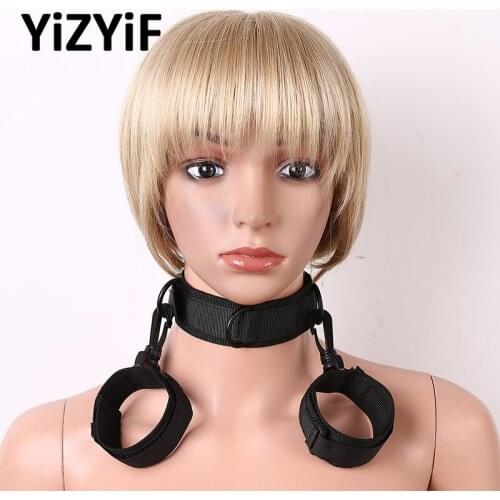 Sexy Role Play Accessories Adjustable Nylon Webbing Choker Collar Neck Harness with Handcuffs Couple Game Toy for Men Women
