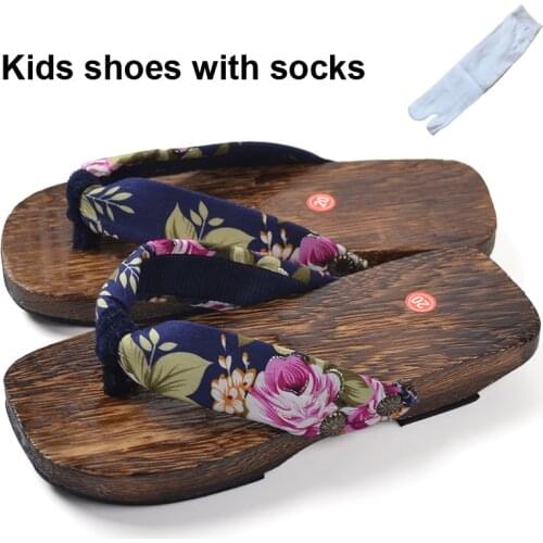 Toddler Boys Summer Slippers Wooden Japan Geta Clogs Kids Girls Flip Flops Floral Print Halloween Cosplay Sandals Stage Wear
