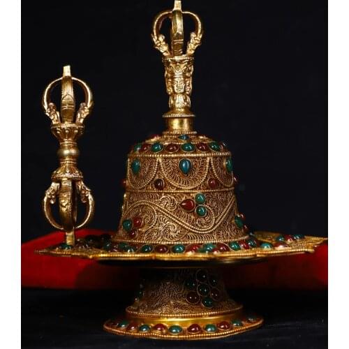 9" Tibet Buddhism Old Tibetan silver Gilt Mahakala head statue Old rattle Vajra Lotus Terrace Bells Dorje Vajra Phurpa Exorcism