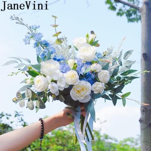 JaneVini Blue Bouquet Bride Wedding Flowers Bridal Bouquets Silk Flower Rose Artificial Eucalyptus Wedding Brooch Boeket 2019