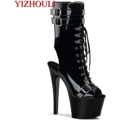 17cm high heels stage shoes, fashionable buckled ankle boots, sexy model stage show shoes, pole dancing, party ankle boots