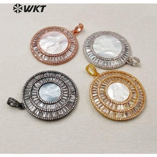 WKT WT-MP064 Brilliant CZ Pave Metal Plated Ave Maria Natural Shell Women Necklace Pendant 2018 New Fashion Jewelry