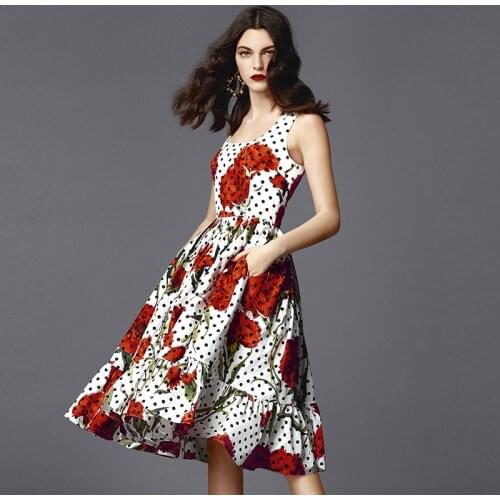 Womens Summer Autumn Retro Vintage Polka Dot and flower printed Dress Ladies sleeveless ruffles A-Line Dresses