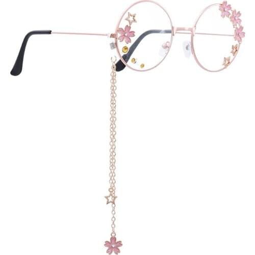 Women Glasses Frames Sakura Star Pendant Metal Round Clear Lens Eyeglasses Girls Decorative