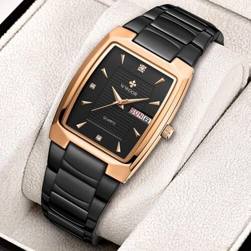 WWOOR 2021 Top Brand Fashion Luxury Women Square Rose Gold Black Waterproof Quartz Waterproof Calendar Wristwatches Montre Femme