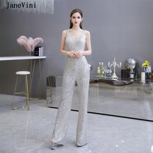 JaneVini Sparkling Silver Jumpsuit Long Evening Dresses 2020 V Neck Sleeveless Sequined Sexy Women Formal Dinner Gowns Jurkjes