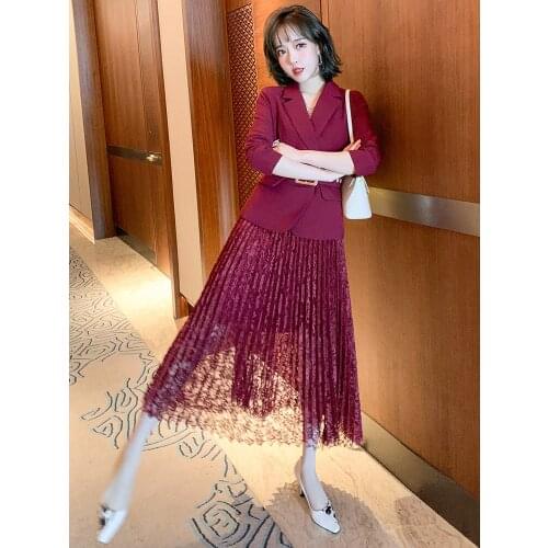 Double breasted belt waistband suit jacket+Lace embroidered net half skirt suit for women 2021 Spring new High Top Quality