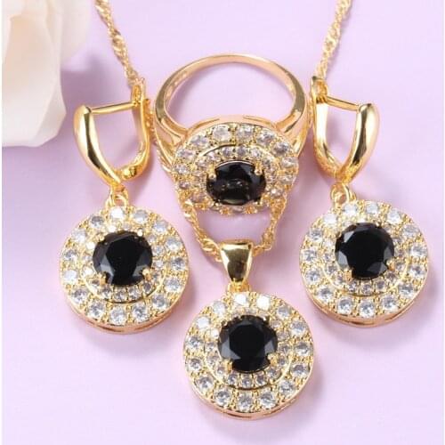 Gold Plated African Necklace Sets For Women Round Black Zircon Costume Pendant Necklace And Earrings Ring 7-Color Jewelry Sets