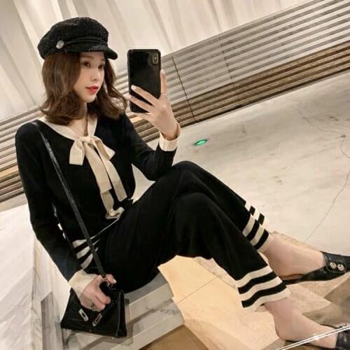 2020 New Women Sweater Suits Track Costumes 2 Pieces Sets Autumn Winter Pullovers Stitching Color and Long Pants Knitted Suits