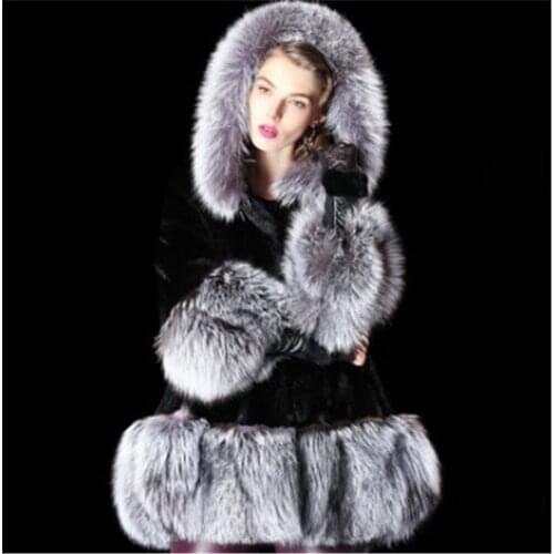 2021 Winter Fur Imitation Mink Fur Coat Fashion Streetwear Covered Button Mid-Length Hooded Womens Clothing Overcoat