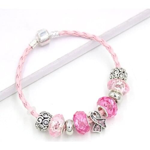 Wholesale 10PCS Awareness Jewelry Breast Cancer Bracelets PU Pink Leather Rope Beaded Bracelet Bangle Women Gifts Pulsera