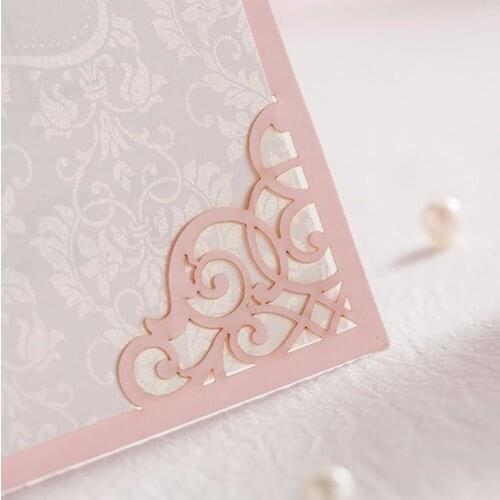 100pcs Pink Laser Cut Wedding Invitations Cards With Gold Embossed Hollow Flora Design for Bridal Shower