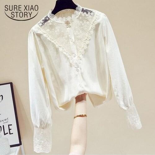 2021 Spring New French Vintage Blusas Hollow Out Lace Stitching Bottoming Blouse Womens Long Sleeve Cotton Shirt Sweet 13121