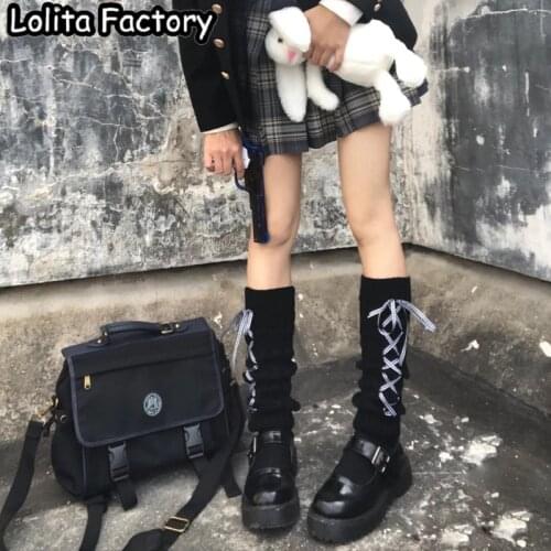 White black lace up Girl Leg Warmer Autumn Winter Lady Calf-length Drawstring Stripe Ribbon Bow jk Socks Hipster Street Sock