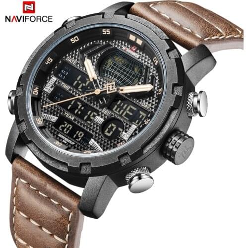 NAVIFORCE Mens Watches Top Brand Luxury Sport Watch Men Leather Strap 30M Waterproof Miliary Dual Display Wrist Watch Clock 2019