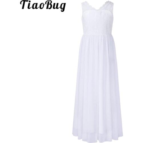 Kids Girls V-Neck Open V-Back Hollow Out Lace Flower Girl Dresses Wedding Bridesmaid Communion Dress Girls Sleeveless Long Dress