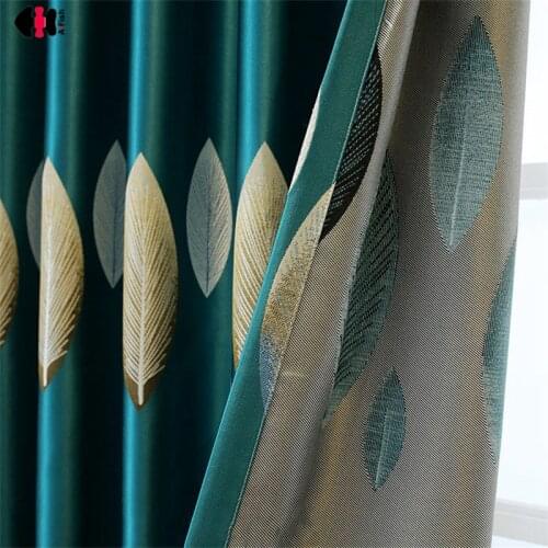 Green Double Sided Jacquard Curtains for Living Room Golden Leaf Printed Blackout Villa Sliding Glass Door Patio Drapes JS330D