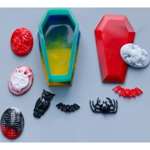 Crystal Epoxy Spider Skeleton Pendant Jewelry Resin Mold Coffin Trinket Box Silicone Mould Halloween Gothic Container DIY Crafts