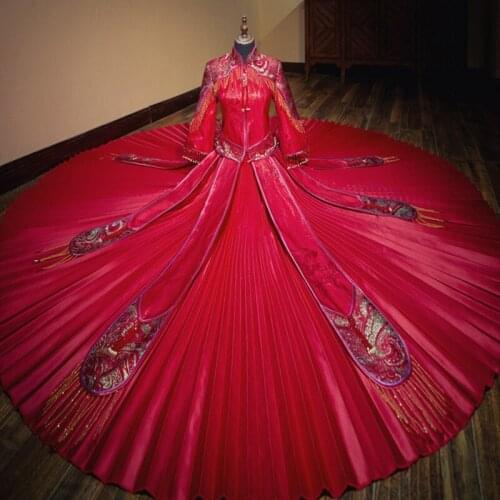 FZSLCYIYI Chinese traditional Bride clothing style wedding dress female dragon gown slim cheongsam Red Marry evening gown