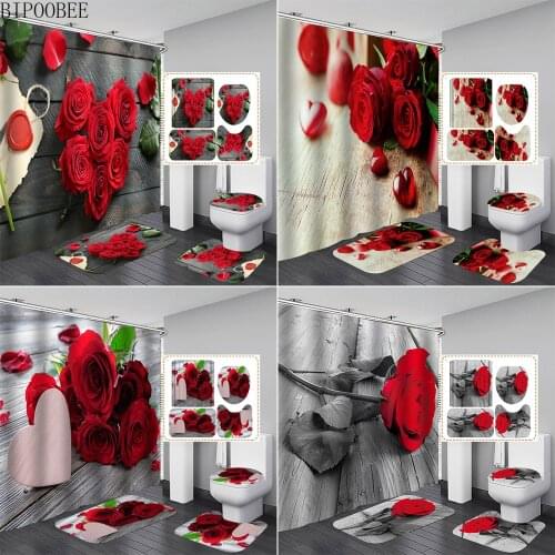 Red Rose Toilet Lid Cover Anti-slip Carpet Bathroom Curtain Set Bath Mats Rugs Beautiful Flowers Shower Curtains with 12 Hooks