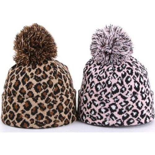 Leopard Man/Women Hip-hop Knitted Hat Winter Thicken Warm Caps Pompon Beanie Hat Fashion Caps Pink/Coffee