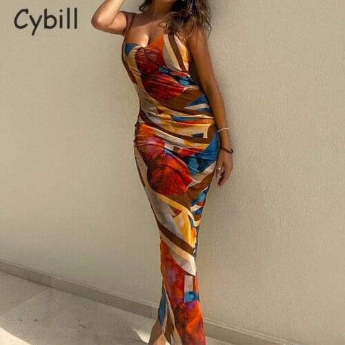 Cybill Print Midi Summer Dress 2021 Spaghetti Strap Y2K Sexy Club Party Dress Sleeveless Midi Bodycon Dresse Women
