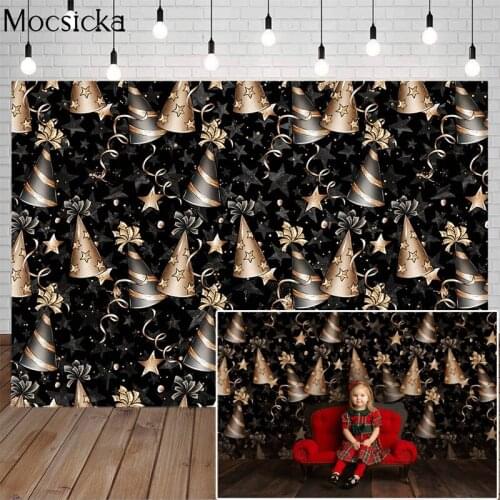 Mocsicka Xmas Photography Background Christmas Hat Black Stars Backdrop Child Portrait Decoration Props Banners For Photo Studio