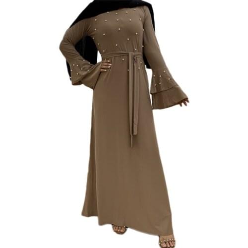 Muslim Women Abaya Arab Jilbab Beading Malay Long Dress Prayer Full Cover Ramadan Islamic Maxi Robe Flare Sleeve Gown Dubai New