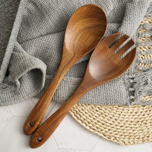 2Pcs Wooden Salad Servers Spoon and Fork Set Long Handle Large Dinner Soup Serving Cooking Untensils Cutlery Tableware Kitchen