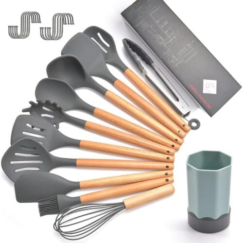 11Pcs Silicone Kitchen Utensils Set Non-stick Wooden Handle Cooking Tools with Storage Box