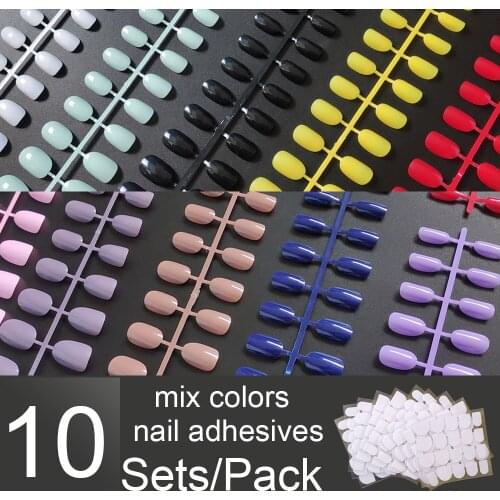 Stick On Round Shape False Nail Tips 10 Sets Mixed Colors With Nail Adhesive Fake Nail Press On Nail Tips DIY 10 Sizes