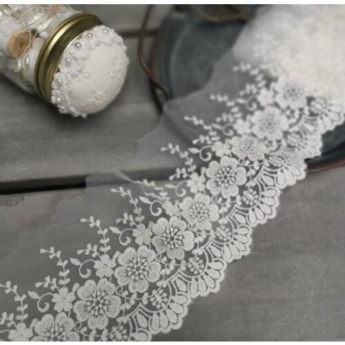 New Arrival 2 Meters 11cm Width Embroidered Tulle Lace Fabric Mesh High Quality White Cotton Lace Trim Fabric