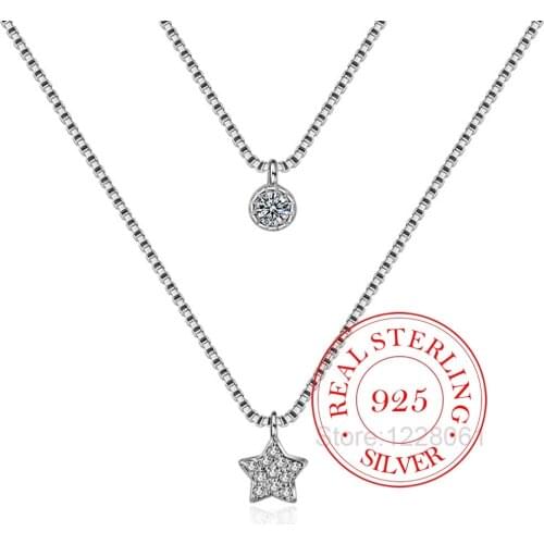 New Arrival 925 Sterling Silver Double Layers Necklace With Star Pendent Collarbone Necklace Chain For Women & Girl Jewelry